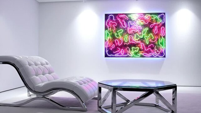 Modern Luxury Interior Design Featuring Futuristic Chaise Lounge Chair Chrome Table and Vibrant Abstract Neon Wall Art in a Minimalist Gallery Space