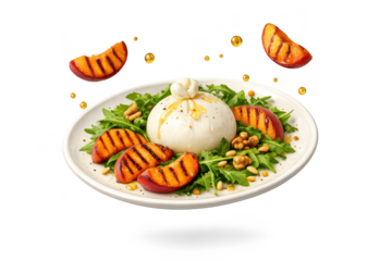 Burrata salad with peaches on transparent background, food delight.
