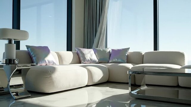 Modern luxury living room panoramic ocean view high end white modular couch chrome accent furniture sunlit minimalist design aesthetic