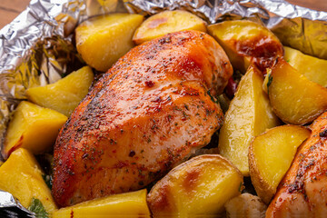 Chicken breast baked with potatoes and spices in foil, close-up