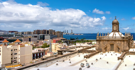 Las Palmas, Gran Canaria, Spain &ndash; View from Santa Ana Cathedral rooftop terrace over old town, harbor and sea