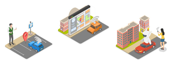 Fototapeta premium 3D Isometric Flat Illustration of Driver Assistant System, Autonomous Vehicles