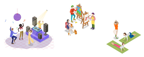 Fototapeta premium 3D Isometric Flat Illustration of Peoples Hobbies Variety, Set Depicting Entertainment And Recreation As Abstract Concepts