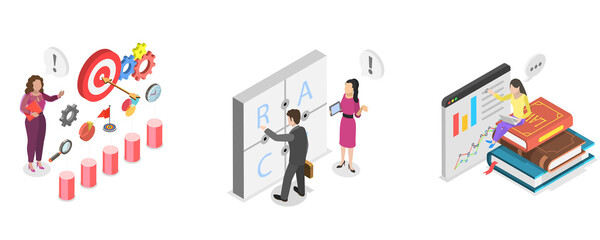 Naklejka premium 3D Isometric Flat Illustration of Key Performance Indicators, Abstract Concepts Of Measuring Success