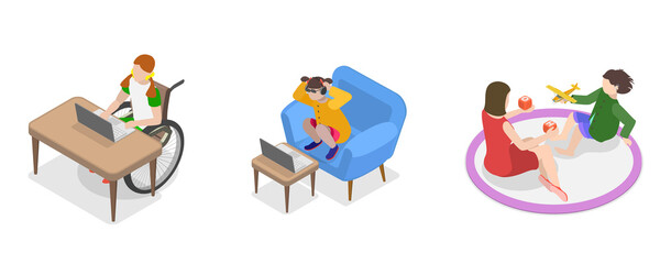 Obraz premium 3D Isometric Flat Illustration of Awareness and Inclusion in Childhood, Engaging Special Needs Students In Educational And Recreational Activities