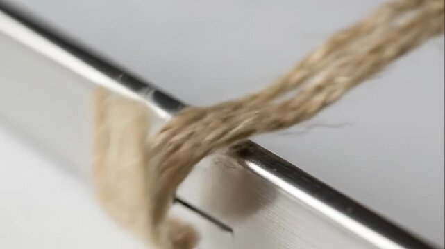 Close up of natural fiber string tied to a metallic object