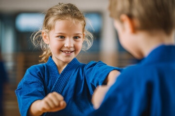 Young girl practicing martial arts with a partner wearing matching blue uniforms in a bright training gym environment filled with natural light