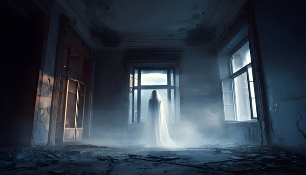Ethereal female ghost appears and disappears in abandoned room. Moonlight illuminates decaying interior and broken window.
