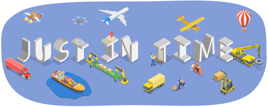 3D Isometric Flat  Illustration of JIT Manufacturing, Timely Arrival Of Components And Materials As Per Just In Time Concept