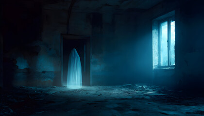 Ethereal female ghost appears and disappears in abandoned room. Moonlight illuminates decaying interior and broken window.
