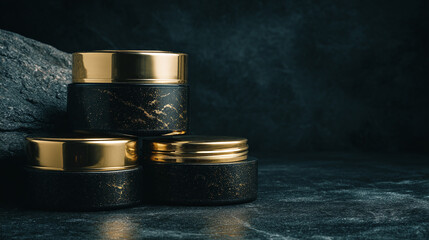 Elegant black and gold cosmetic jars sit on a textured surface, exuding luxury and sophistication. Dark, moody background.