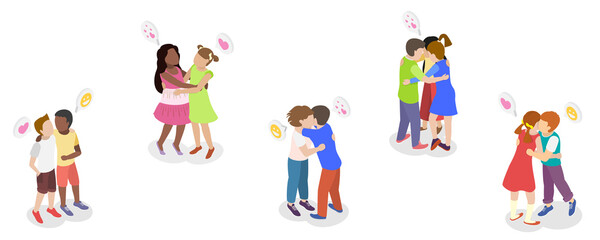 Fototapeta premium 3D Isometric Flat Illustration of Hugging Kids, Kids Friends Embracing In Warm Hug With Innocent Giggles And Genuine Smiles