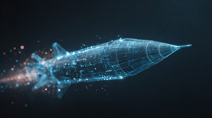 A digital rocket soars through the darkness, its neon trails marking progress, igniting imaginations with the promise of innovation.