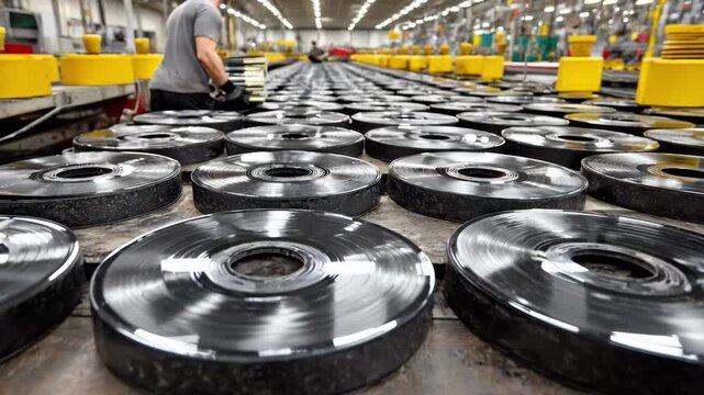 View of a production line stamping glossy record labels with intricate designs emphasizing the reflective shine and precise alignment on each label.