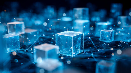 Futuristic digital cubes connected by a glowing network in a high-tech environment