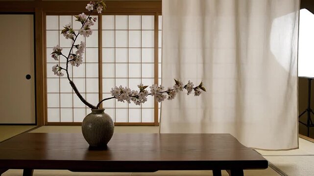 Sakura Ikebana Arrangement Minimalist Japanese Interior Dark Wood Table Shoji Screen Daylight Background Wabi Sabi Aesthetic Home Decor