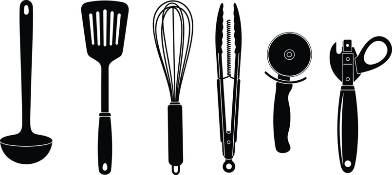 Silhouette vector set of 6 kitchen utensils ladle spatula whisk tongs pizza cutter and can opener