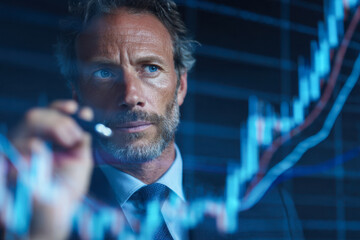 Focused businessman analyzing financial growth charts and data trends on transparent screen in a modern office setting at night