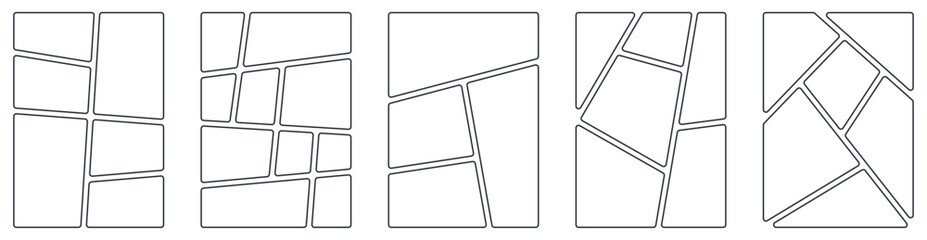 Vertical storyboard layout with a sequence of blank manga frames for action scenes. Professional comic book grid template for magazine covers, portfolio presentations, and story planning.