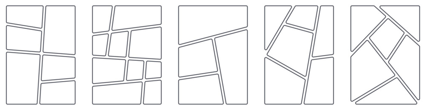 Vertical storyboard layout with a sequence of blank manga frames for action scenes. Professional comic book grid template for magazine covers, portfolio presentations, and story planning.