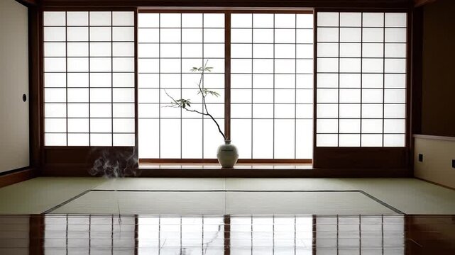 Bright Japanese washitsu interior with shoji sliding door lighting minimalist Zen room Tatami floor reflection Asian architecture background