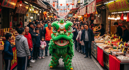 Obraz premium Vibrant Green Lion Dance Performance in Crowded Asian Street Market Celebration.