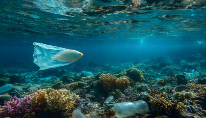 Fototapeta premium Fish trapped in plastic bag swimming through polluted ocean water near coral reef. Discarded bottles and waste floating in sea