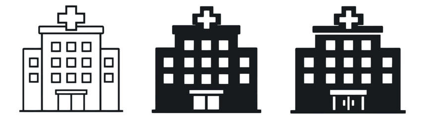 Obraz premium Modern hospital building icon set featuring stylized medical centers for healthcare and emergency services