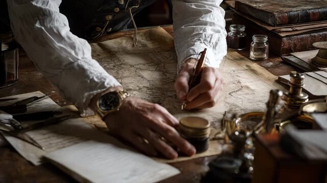 Medium shot of a person tracing a historical ownership chain on a parchment map surrounded by archival tools and oldfashioned writing instruments.