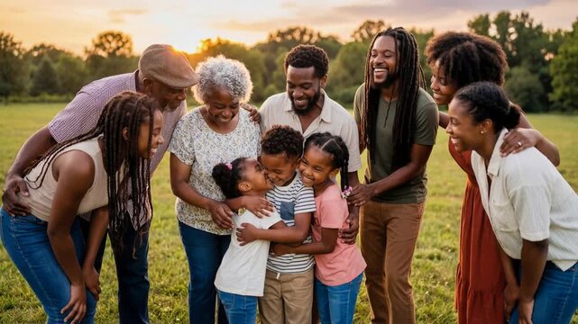 Happy multi-generational black family with children, parents and grandparents embracing and laughing together in a park at sunset