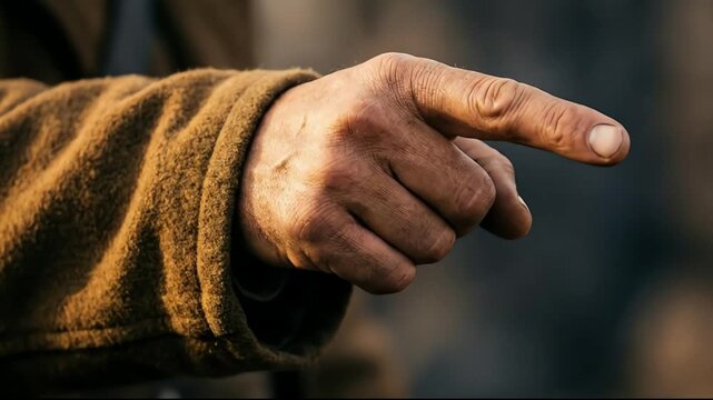 A weathered hand with a textured brown sleeve intently points right, indicating direction or command