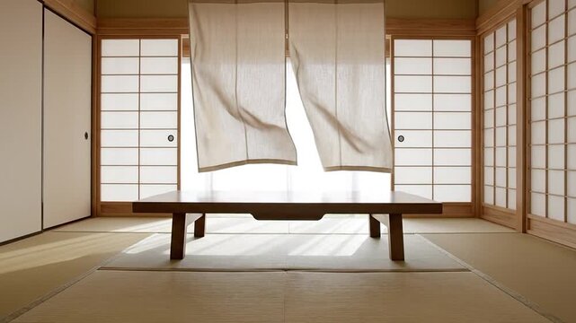 Empty Japanese tearoom interior architecture Tatami mat flooring Shoji screens low wooden table Wabi-sabi aesthetic natural light atmosphere