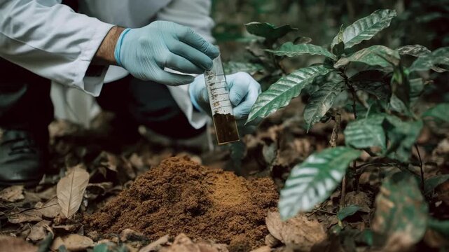 Medium shot of a researcher analyzing soil samples near coffee plants focusing on sustainable cultivation techniques to preserve biodiversity.