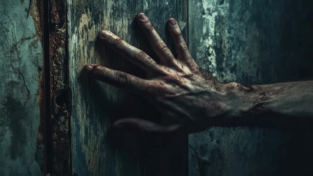 Male hand on deteriorating wall in dim light, suggesting horror