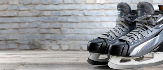 Hockey skates are hanging on a white brick wall in a hockey hall that has a black and silver color theme in front view