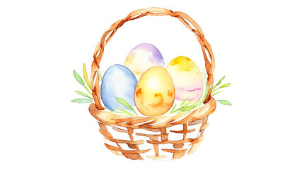 Fototapeta premium Watercolor eggs in basket, soft spring colors