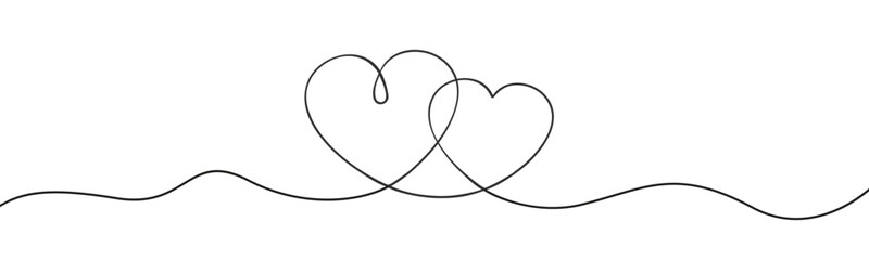 Two love hearts ribbon calligraphy line decoration, intertwined hearts outlines, drawn heart in thin one continuous line greeting invitation, wedding love, valentines, mother day, romantic feelings