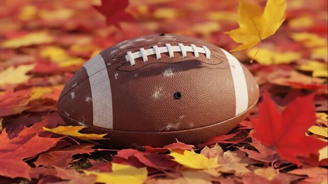 American Football Lying on Ground Covered in Red and Yellow Autumn Leaves