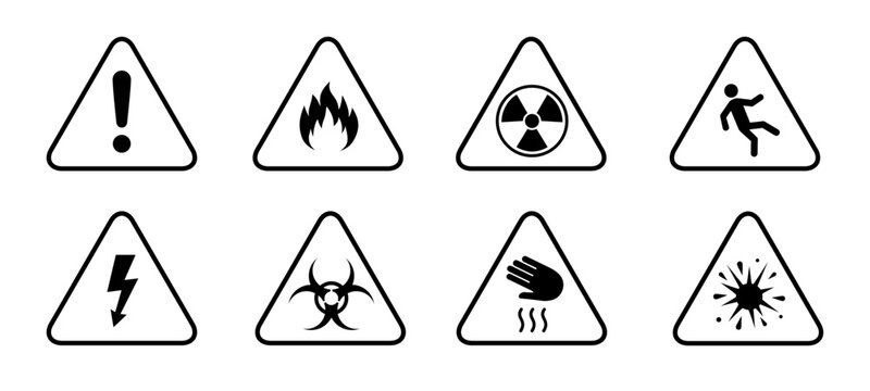 Warning triangular caution shapes signs with various danger symbols: hazard, flammable, radiation, slipping, electrical, biohazard, toxic, explosion
