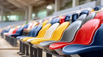 Colorful plastic chairs in red, yellow, and blue fill the stands of an outdoor stadium ready for sports activities