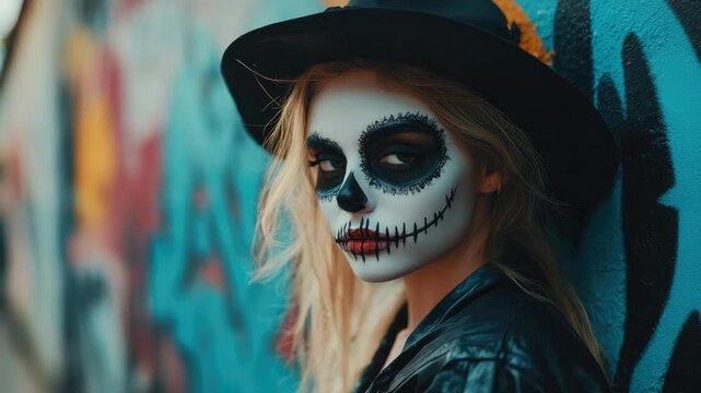 Woman in skeleton face paint wears black hat, leaning against painted wall