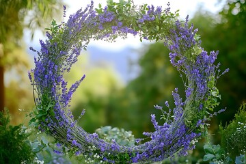 A charming circular wedding arch featuring lavender and herbs, giving an aromatic touch to the ceremony,