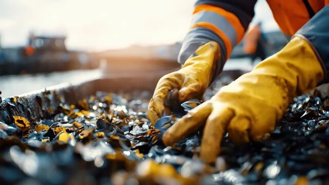 Medium shot capturing the careful handling of industrial waste materials to avoid accidental contamination of marine environments.