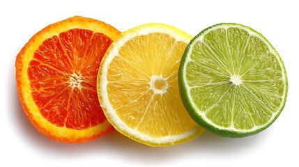 Arrangements of citrus fruit slices isolated on the white background 