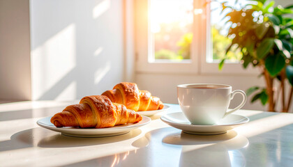 Morning breakfast with fresh croissants and coffee by the window with sunlight.