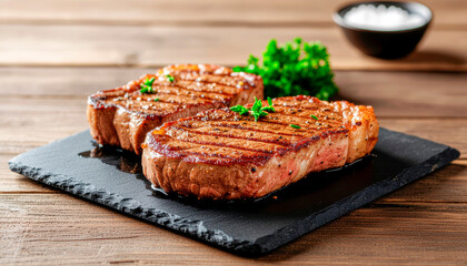 Two Perfectly Grilled Steaks Served on a Slate Plate with Parsley Garnish.