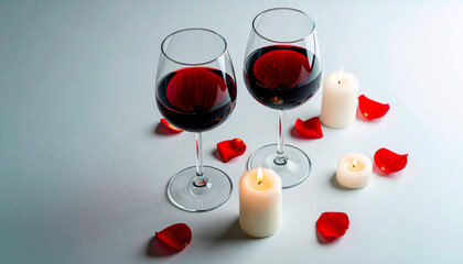 Romantic evening with two glasses of red wine candles and rose petals.