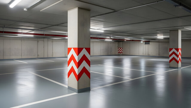 Empty underground parking garage with safety marked columns | Modern basement parking lot structure architecture and design | Clean concrete parking facility with reflective epoxy floor | Fluorescent 