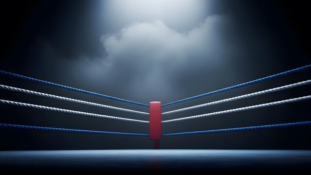 Empty boxing ring corner ropes under dramatic spotlight | Intense fighting arena background with volumetric lighting effects | Sports competition metaphor for challenge and struggle | Dark wrestling 