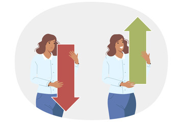 Woman business analyst holds up and down arrows, demonstrating growth or fall of company income. Girl analyst or accountant predicts increases and decreases in salaries due to market volatility